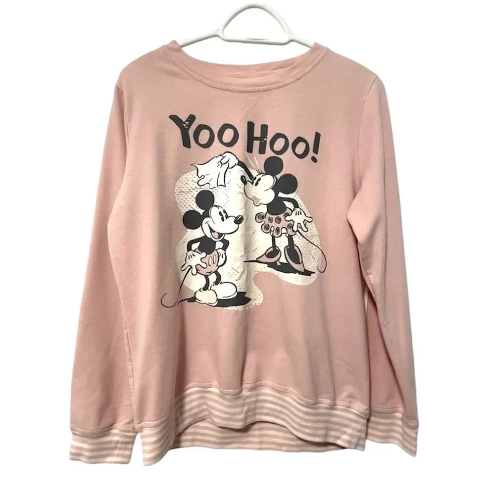 Disney Sleepwear Retro Print Mickey & Minnie Sweatshirt Pink Size Large - Picture 2 of 6
